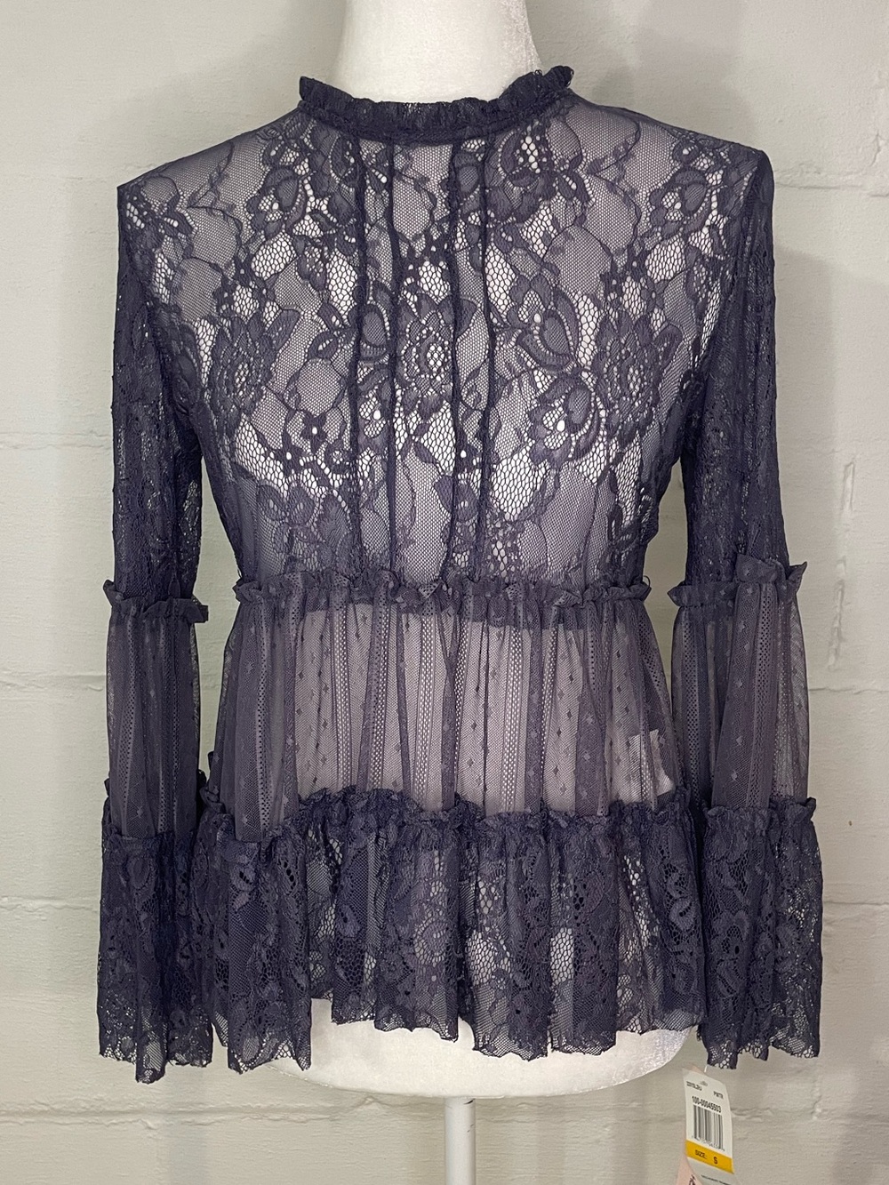 Sequin Hearts Sheer Lace Peplum Blouse - Charcoal